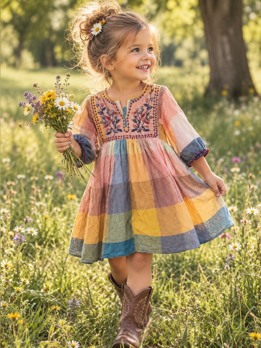 Pink Chicken Yellow Blue Pink Patchwork Embroidered Smock Dress